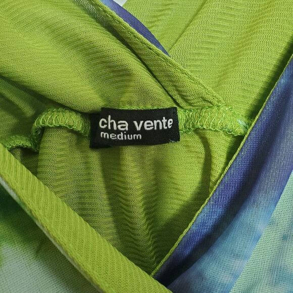 Cha Vente M Tie Dye Top Green Blue Boho V Neck - Picture 9 of 10